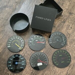 FADED LINES Black Speedometer Coaster Set Of 6 Glass